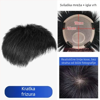 Muški komad perike za kronu — lagan, prozračan, kratka ljudska kosa, može se bojiti, pokriva sijedu kosu