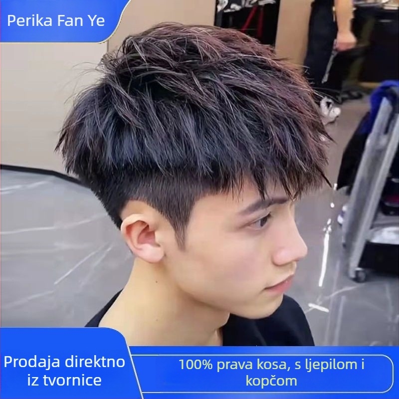 Muška perika, kratka kosa, čelični klipovi, teksturirani glačani izgled, ljudska kosa, nije dopušteno perm ili boja