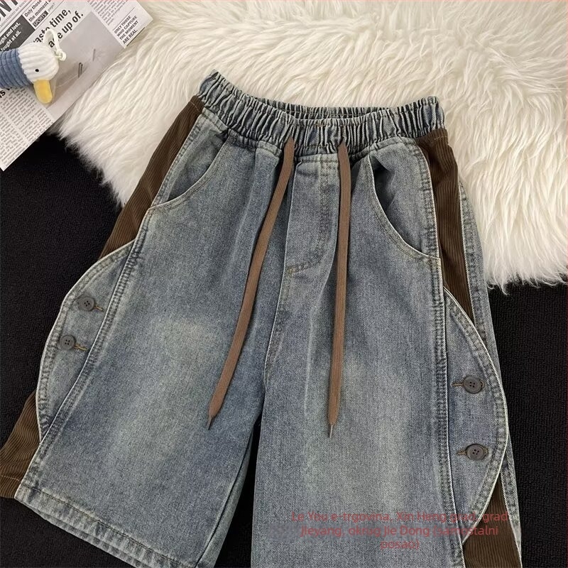 Muške traper šorceve s patchworkom, korejskog stila, ravnog kroja, za ljeto