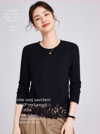 Majica od pamuka s rebrastom teksturom i čipkastim rubom na donjem dijelu, dugi rukavi, okrugli izrez, uski kroj