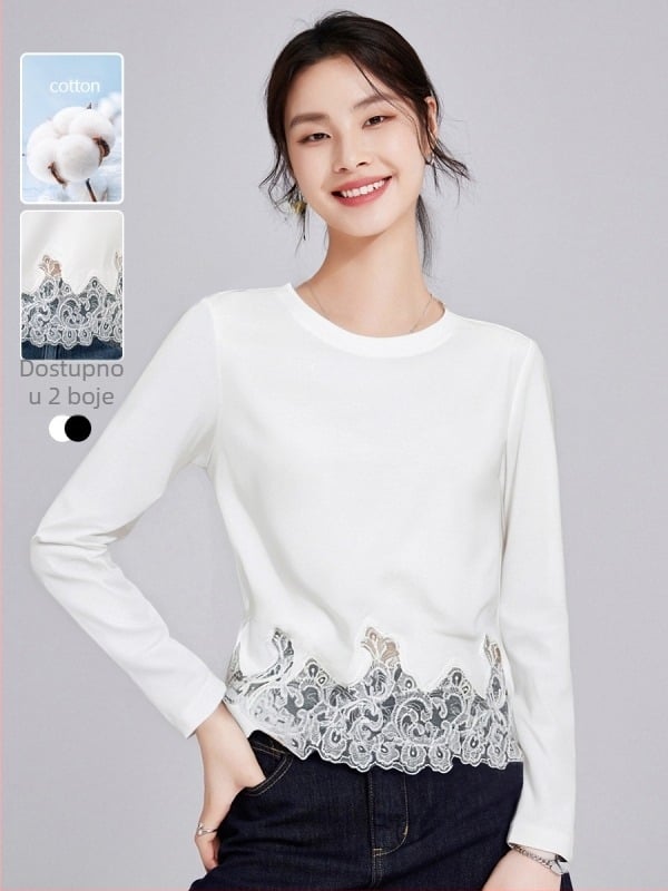 Majica od pamuka s rebrastom teksturom i čipkastim rubom na donjem dijelu, dugi rukavi, okrugli izrez, uski kroj
