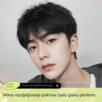 Muška kompletna perika u korejskom stilu za svakodnevnu upotrebu, ručno tkanje, kratka kosa, prava ljudska kosa, može se bojiti ili uvijati
