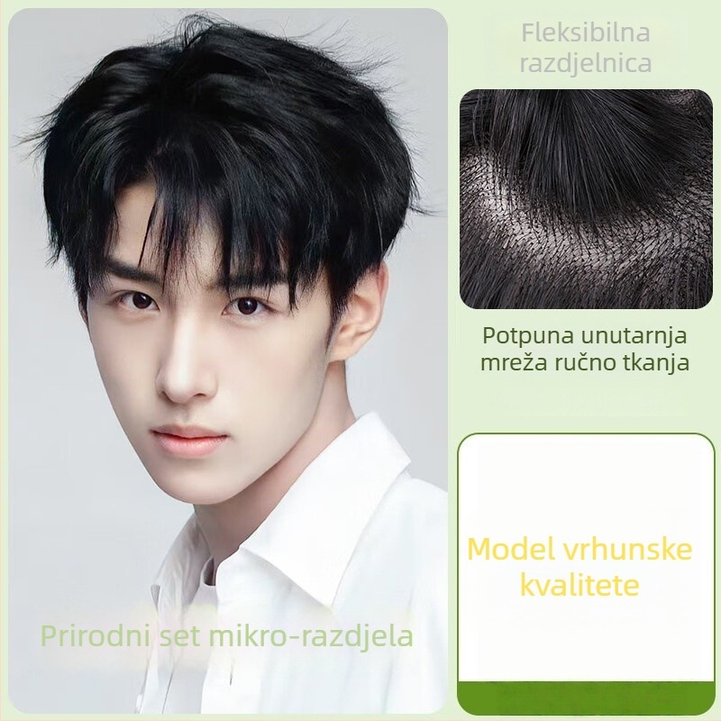 Muška kompletna perika u korejskom stilu za svakodnevnu upotrebu, ručno tkanje, kratka kosa, prava ljudska kosa, može se bojiti ili uvijati