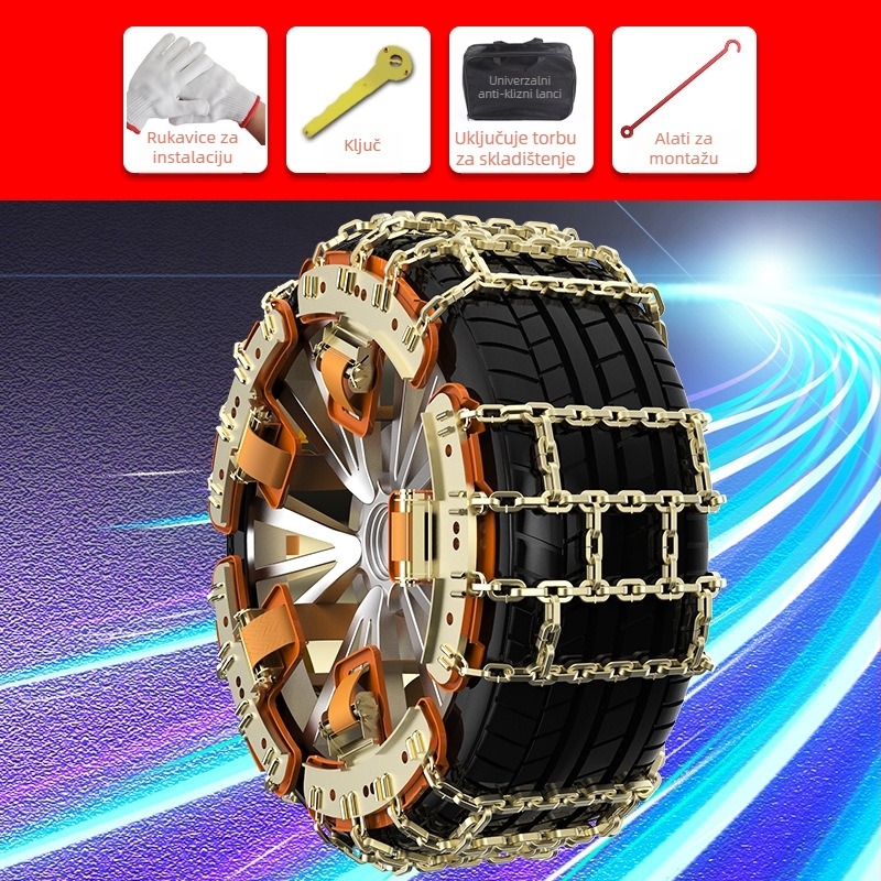 Automobilski lanac za proklizavanje, ojačan, nova generacija; univerzalan za limuzine i SUV; za gume širine 165–265 mm; kompatibilan s aluminijskim felgama