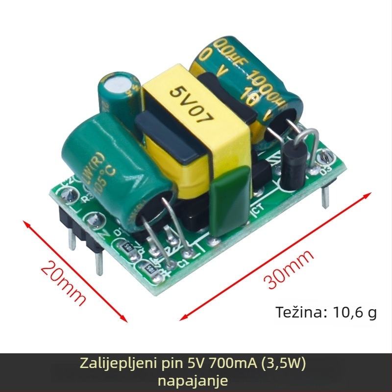 Izolirani AC-DC modul napajanja, ulaz 220V, izlazi 5V/9V/12V, struje 400/500/700 mA i 1A.