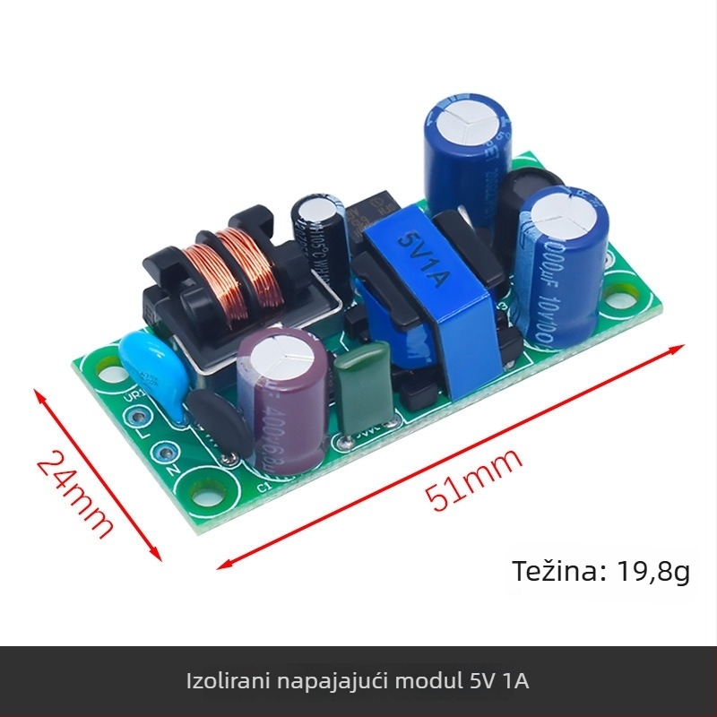 Izolirani AC-DC modul napajanja, ulaz 220V, izlazi 5V/9V/12V, struje 400/500/700 mA i 1A.