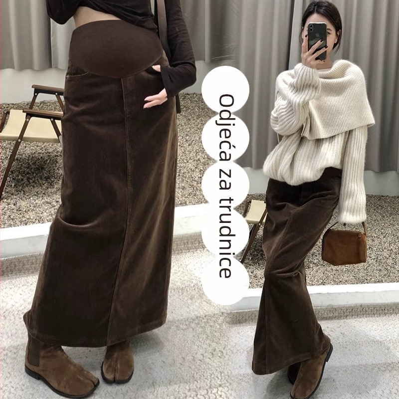 Trudnička suknja od korduroja, A linija, zima, srednja duljina