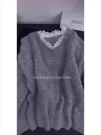 Džemper s V-izrezom, ležeran kroj, dugi rukavi, debeli pleteni materijal, poliester-nylon-spandeks