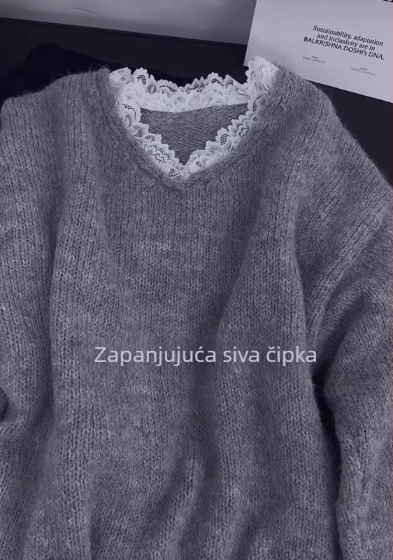 Džemper s V-izrezom, ležeran kroj, dugi rukavi, debeli pleteni materijal, poliester-nylon-spandeks