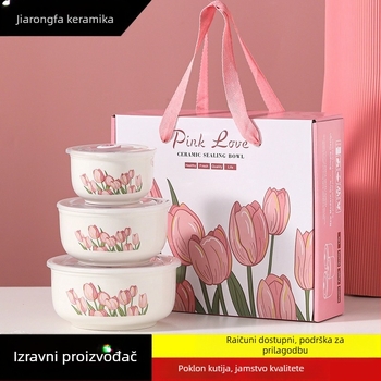 Keramička zdjela za rezance s tulipanim uzorkom, trodjelni set, mikrovalno sigurna, kapacitet 800–1000 ml