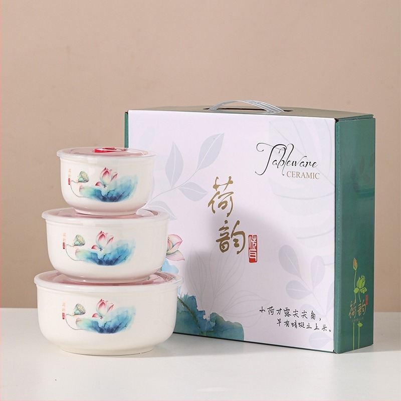 Keramička zdjela za rezance s tulipanim uzorkom, trodjelni set, mikrovalno sigurna, kapacitet 800–1000 ml