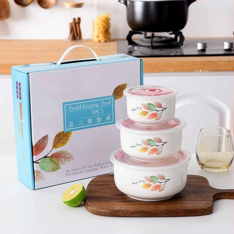 Keramička zdjela za rezance s tulipanim uzorkom, trodjelni set, mikrovalno sigurna, kapacitet 800–1000 ml