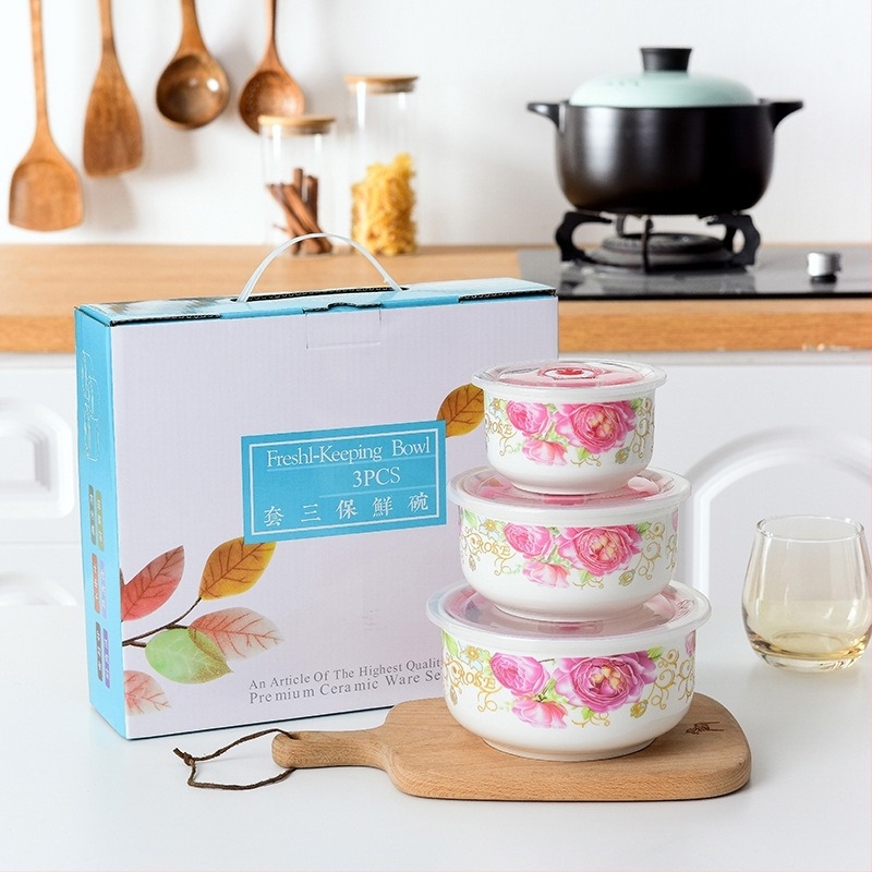 Keramička zdjela za rezance s tulipanim uzorkom, trodjelni set, mikrovalno sigurna, kapacitet 800–1000 ml