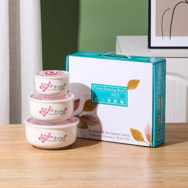 Keramička zdjela za rezance s tulipanim uzorkom, trodjelni set, mikrovalno sigurna, kapacitet 800–1000 ml