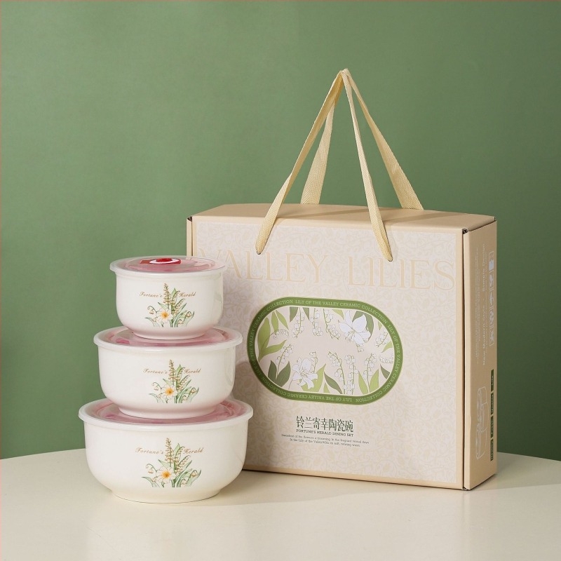 Keramička zdjela za rezance s tulipanim uzorkom, trodjelni set, mikrovalno sigurna, kapacitet 800–1000 ml