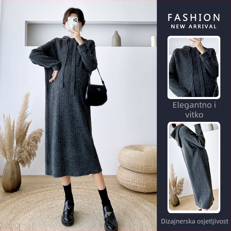 Trudničke pletene haljine s kapuljačom, dugi rukavi, midi duljina; pristup dojenja; materijal: core-spun vlakno; glavni materijal: regenerirana celulozna vlakna 30–50%; sekundarni materijal: viskoza <30%