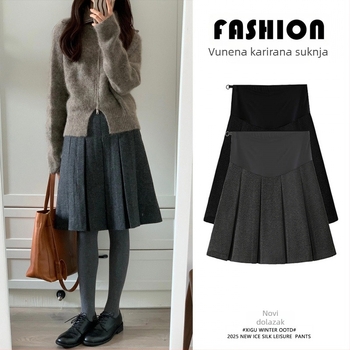 Trudnička plisirana suknja od vunene smjese, srednje duljine, jednobojna, zimski stil