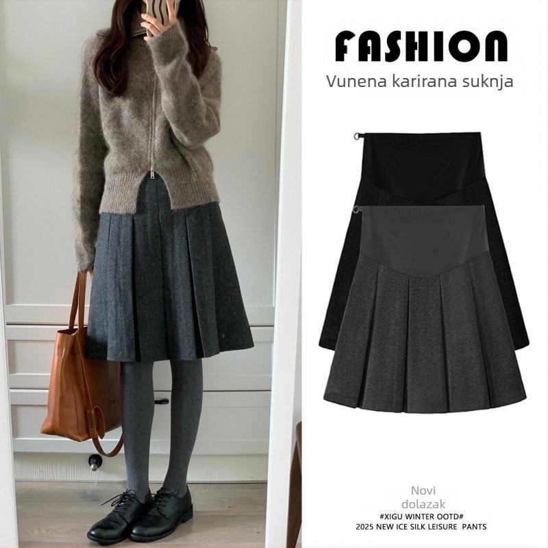 Trudnička plisirana suknja od vunene smjese, srednje duljine, jednobojna, zimski stil