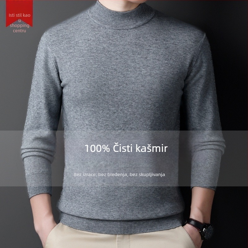 Muški kašmir džemper — polu-visoki ovratnik, širok kroj, dugi rukavi, 95% kašmir, Zima 2024