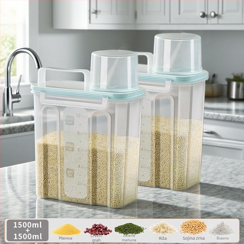 Kutija za skladištenje žitarica, kvadratni plastični spremnik, 1 sloj, kapacitet 1–2 l, moderni minimalistički stil