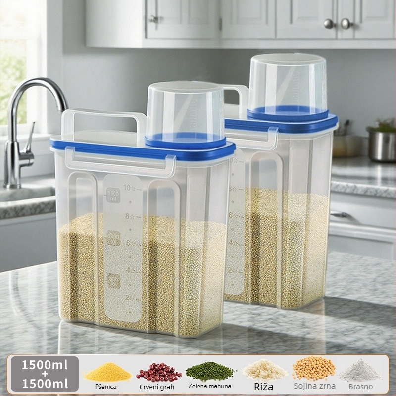Kutija za skladištenje žitarica, kvadratni plastični spremnik, 1 sloj, kapacitet 1–2 l, moderni minimalistički stil