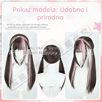 Lolita perika s dvije repiće, čokoladne pramenove i ružičasti prelazi, duga ravna kosa, japanski stil (materijal kose: vlakna otporna na visoke temperature; tehnologija obrade: mehanizam; frizura: rep; stil: prirodan; ton kože: bilo koji)