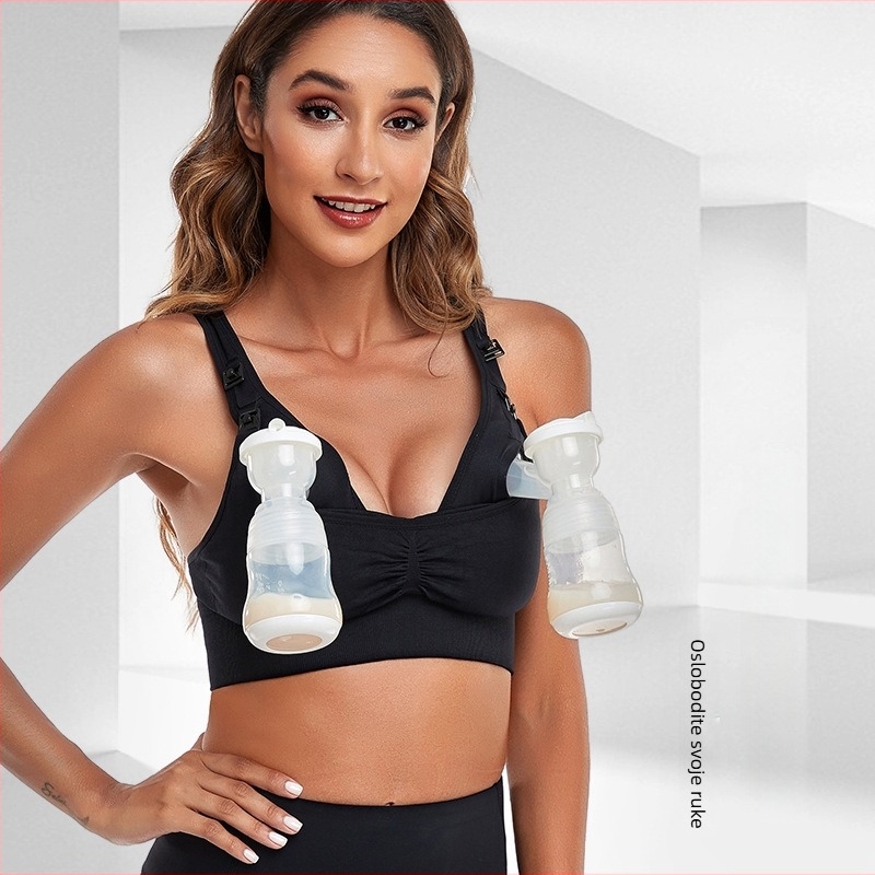 Dojilni grudnjak s hands-free pumpom — vest stil, pogodna za jogu, bez čeličnih prstena; funkcija: dojenje; glavni materijal: najlon 80–90%, tanke oblikovane šalice, fiksne dvostruke naramenice, stražnje trostruko kopčanje