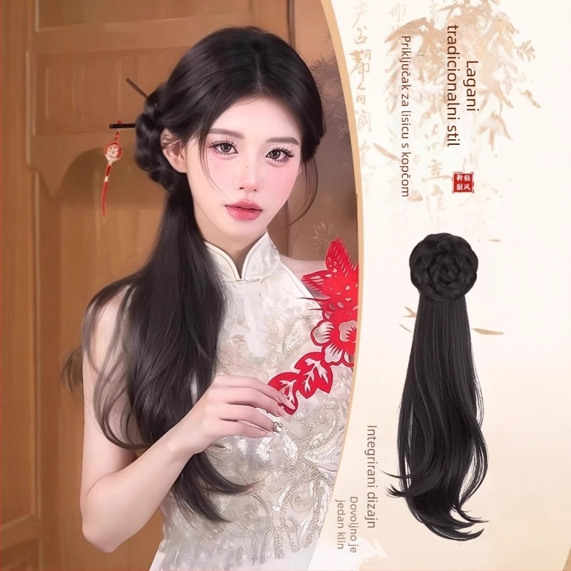 Ponytail wig s jedinstvenim klipom, drevno-kineski stil Hanfu/Cheongsam, Model 1177, kosa od vysokotemperaturnog žičanog dlaka, mehanizam pričvršćivanja