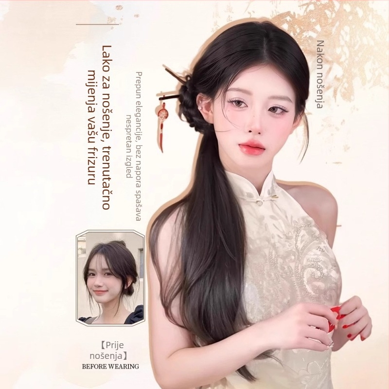 Ponytail wig s jedinstvenim klipom, drevno-kineski stil Hanfu/Cheongsam, Model 1177, kosa od vysokotemperaturnog žičanog dlaka, mehanizam pričvršćivanja