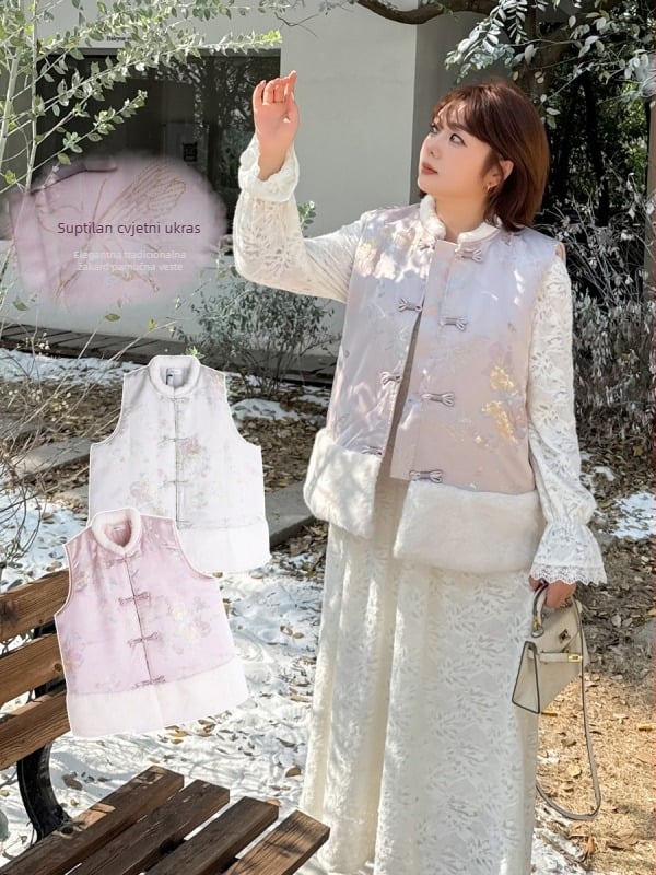 K3216 Džakard ženska bez rukava s uspravnim ovratnikom – Zima 2025, duljina 65-80 cm, džakard tkanina sa spandeksom