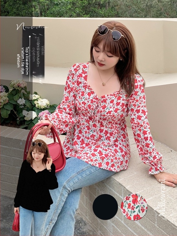 Ženska bluza s floralnim uzorkom, mješavina lana i elastana, kvadratni ovratnik, dugi naborani rukavi, uski kroj