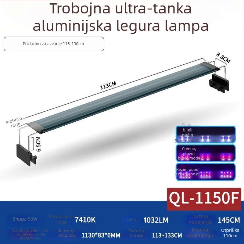 LED svjetlo za akvarij s biljkama — potpuno spektralno, vodootporno, aluminijska legura, 8W, FKSC