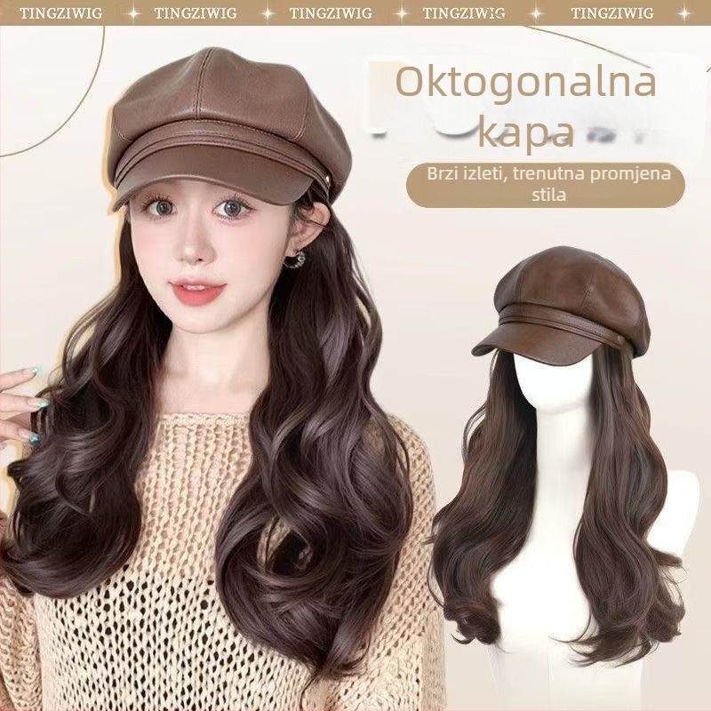 Duga kovrčava perika s osmerokutnom beret kapom, model Pu, za kemoterapiju