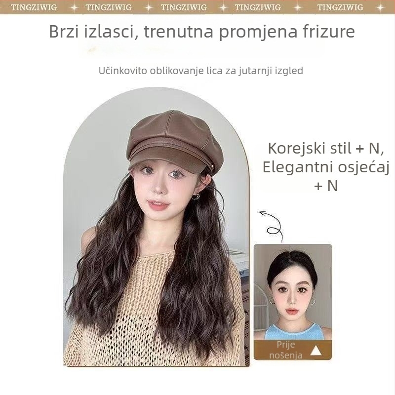 Duga kovrčava perika s osmerokutnom beret kapom, model Pu, za kemoterapiju