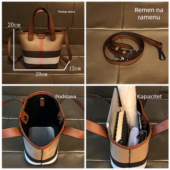 Torba košara s kariranim uzorkom, PU materijal, unutarnja podstava od poliester, laminirani zatvarač, jedan rameni remen, jesen 2025 izdanje