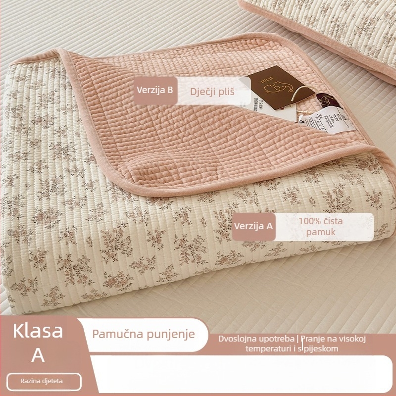 Dvostrano quiltano pokrivalo za krevetu, trodjelna set — jedna strana pamuk, druga velur; tkanina 40s, reaktivno bojanje, šivanje/quilting, pranje na visokim temperaturama