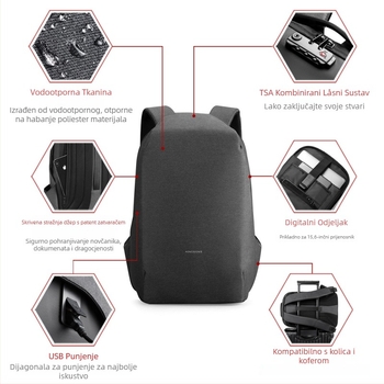 Unisex ruksak za putovanje, vodootporan, kapacitet 20-35 L, za 15-inčni laptop, poliester