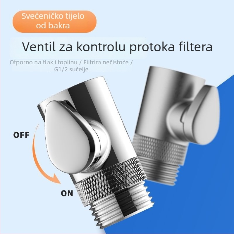 Bakrena tuš glava s ventilom za kontrolu protoka, crijevo za raspršivanje s anti-zamotavanjem, otporna na tlak i temperaturu, eksplozijski otporan ventil s gumbom za zaustavljanje vode
