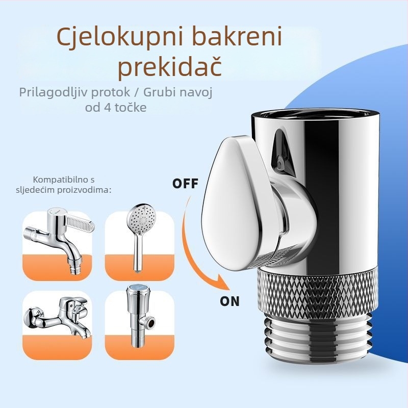 Bakrena tuš glava s ventilom za kontrolu protoka, crijevo za raspršivanje s anti-zamotavanjem, otporna na tlak i temperaturu, eksplozijski otporan ventil s gumbom za zaustavljanje vode