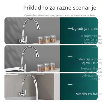 Zidna kuhinjska slavina s hladnom vodom, rotirajući izljev, bakreno tijelo, keramički disk ventil