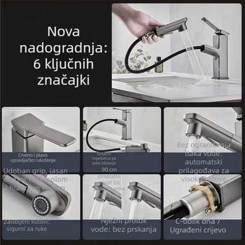 Izvlačna slavina za umivaonik, bakrena, keramički jezgreni ventil, montaža ispod umivaonika, topla i hladna voda, moderan dizajn