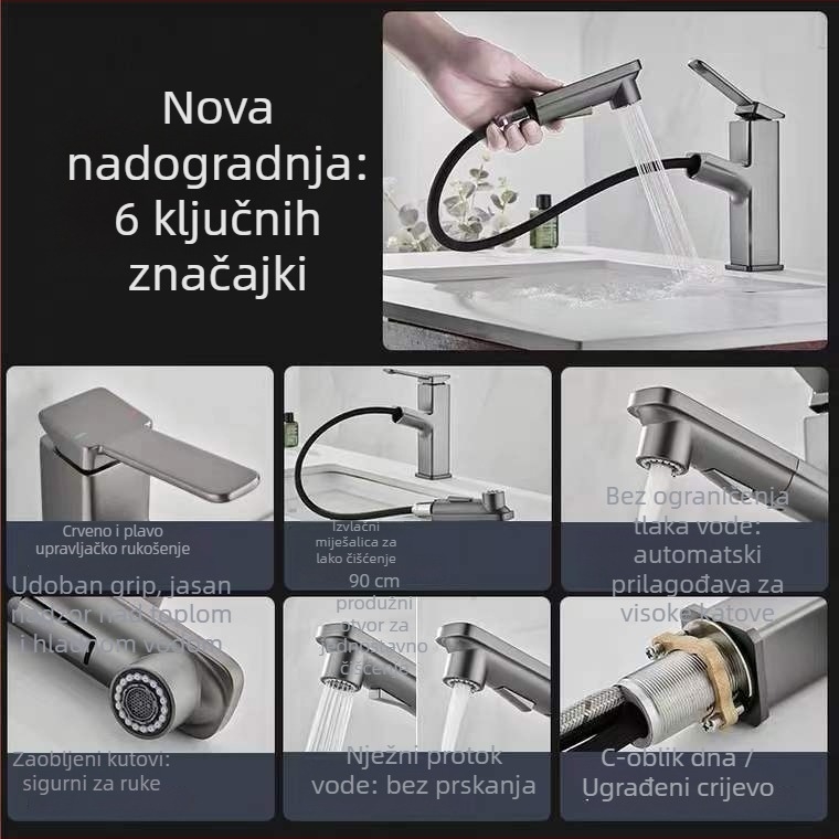 Izvlačna slavina za umivaonik, bakrena, keramički jezgreni ventil, montaža ispod umivaonika, topla i hladna voda, moderan dizajn