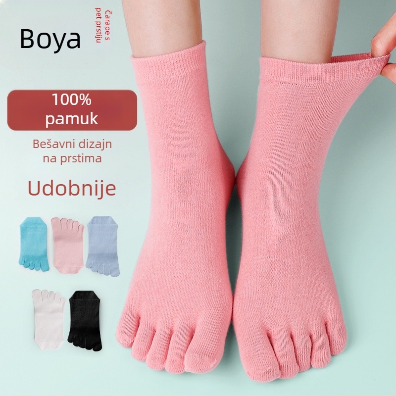 Ženske petoprstaste čarape, 100% pamuk, srednja duljina cijevi, pletene jednim iglom, svakodnevne čarape