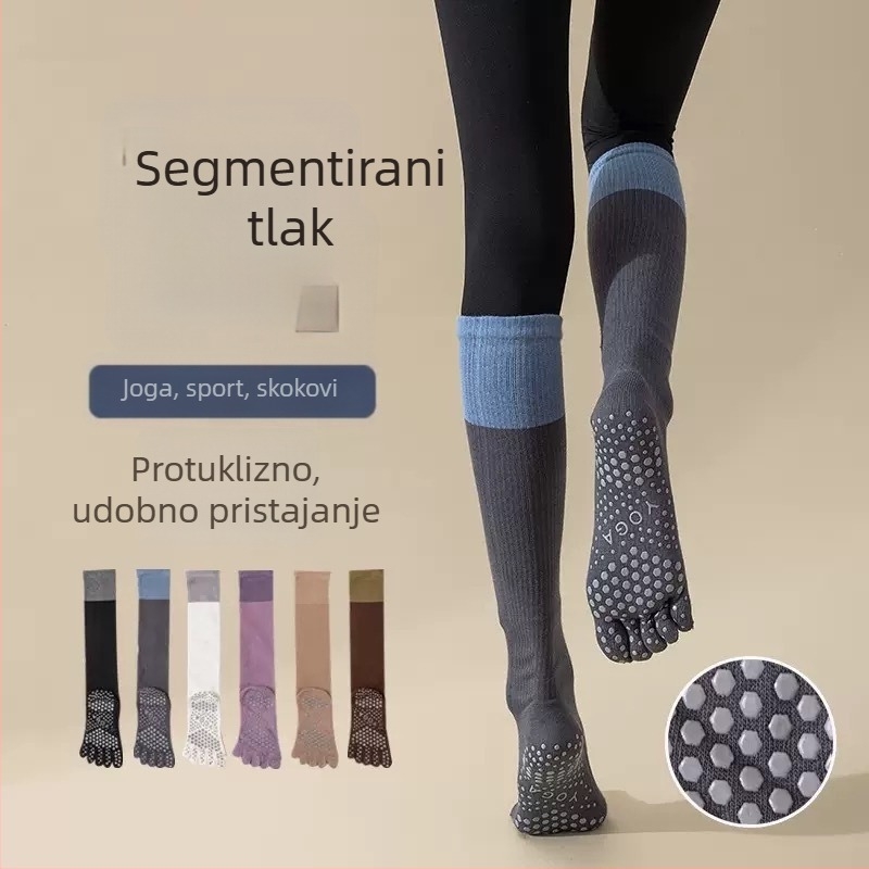 Čarape s pet prstiju od pamuka sa silikon anti-kliznim točkicama, do potkoljenice, za sve sezone, za jogu, pilates i trčanje