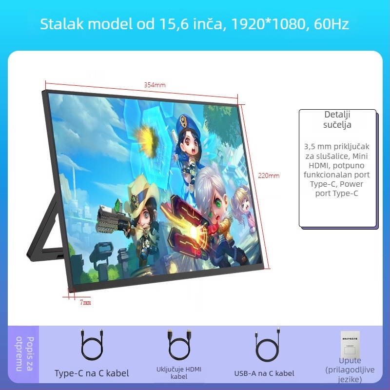 Prenosivi IPS monitor s 1080p rezolucijom, omjerom stranica 16:9, USB/HDMI sučelje, 15W napajanje
