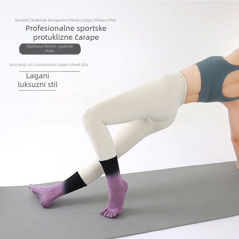 Petoprstne pamučne Pilates čarape s anti-slip silikonskim gripom, upijaju znoj, gradientni uzorak, srednja duljina cijevi, sadržaj pamuka 70–80%
