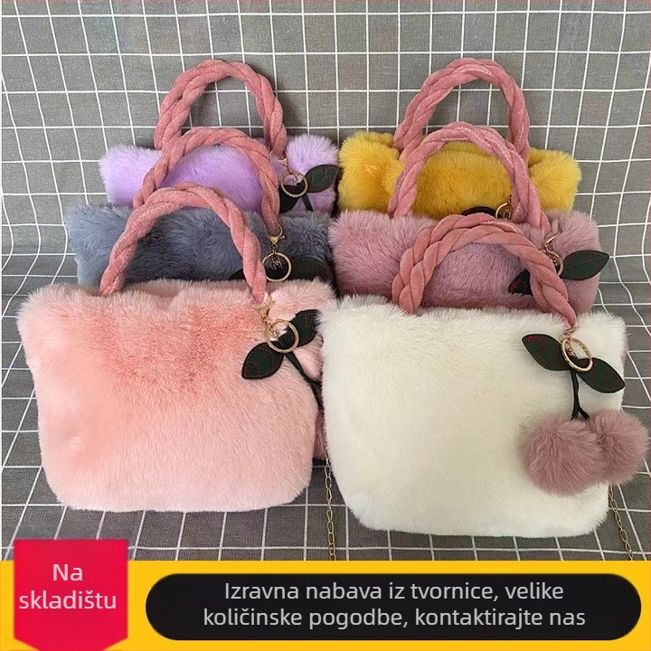 Pluš bucket torbica s imitacijom krznenog zeca, velika kapaciteta, crossbody remen, magnetsko zatvaranje, džep za mobitel, poliester podstava