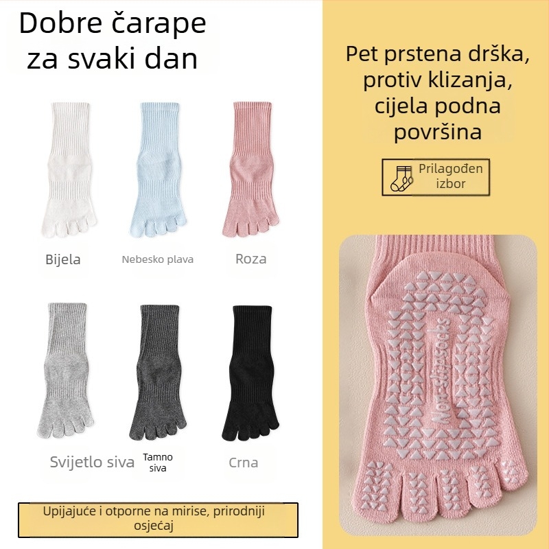 Ženske joga čarape za jesen – protuklizne, upijaju znoj, petodijelni dizajn prstiju, pamuk, srednja duljina