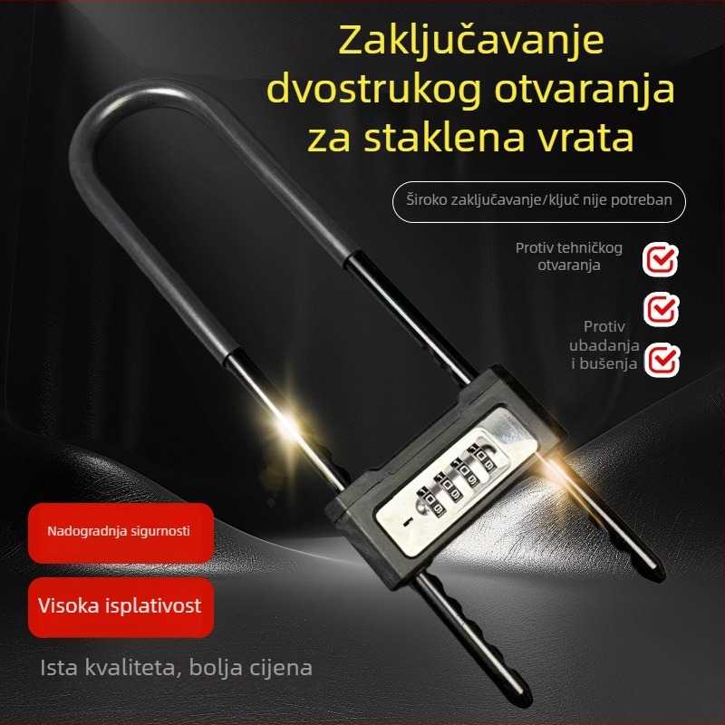 U‑oblikovano zaključavanje s lozinkom za staklena vrata i izloge – legura čelika, deblji i prošireni U‑oblik, otključavanje ključem ili lozinkom