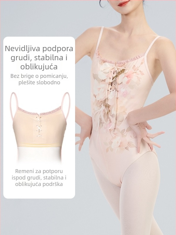 Leotard za balet za odrasle žene – najlon tkanina s podstavom od spandeksa, ljetna verzija, uzorak s raspuklim cvijećem, pogodan za balet i pozornicu